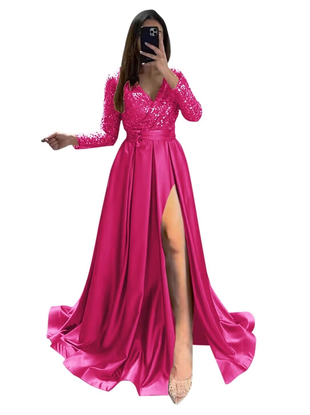 Long Sleeve Sequin Prom Dresses for Women 2027 Satin Formal Dress Sparkly Slit Evening Party Gown with Pocket