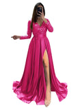 Long Sleeve Sequin Prom Dresses for Women 2027 Satin Formal Dress Sparkly Slit Evening Party Gown with Pocket