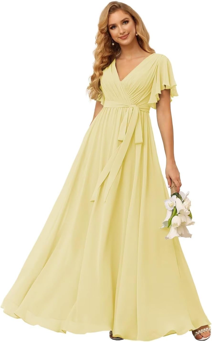 Damen Brautjungfernkleider mit Flatterärmeln, lang, mit Taschen, V-Ausschnitt, Chiffon, formelle Kleider 
