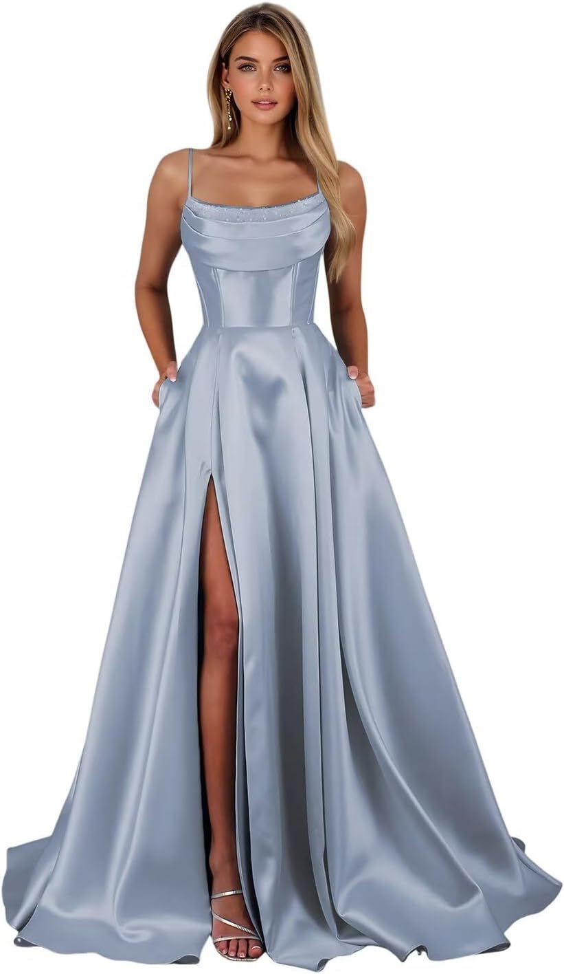 Satin Prom Dresses for Teens Long A-Line Cowl Neck Formal Evening Gown with Slit 2026 Maxi Ball Gowns