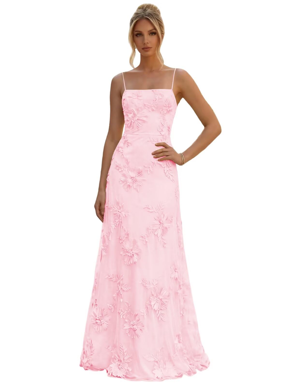 Floral Embroidery Prom Dresses for Women Spaghetti Straps A Line Formal Maxi Dress