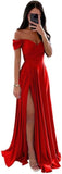 Women's Off Shoulder Satin Bridesmaid Dresses Long Ruched Mermaid Formal Dresses with Slit