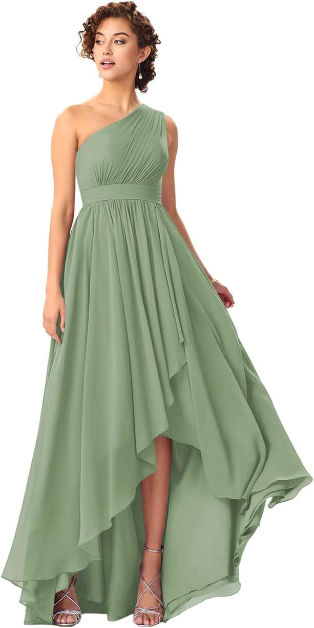 Women's One Shoulder Bridesmaid Dresses High Low Chiffon Formal Party Gowns with Pockets