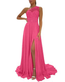 One Shoulder Chiffon Bridesmaid Dresses for Wedding 2026 Lace A-Line Slit Formal Evening Party Gown with Pockets