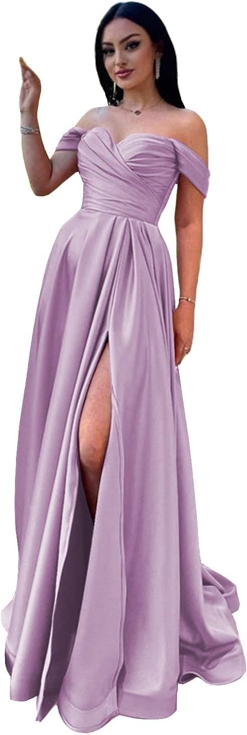 Schulterfreies Satin-Ballkleid, herzförmiger Ausschnitt, formelles Kleid, A-Linie, Abendkleid mit Schlitz 