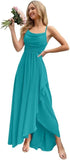 Spaghetti Strap Chiffon Bridesmaid Dresses for Women Long Ruched A-Line Cowl Neck Formal Evening Gowns with Slit