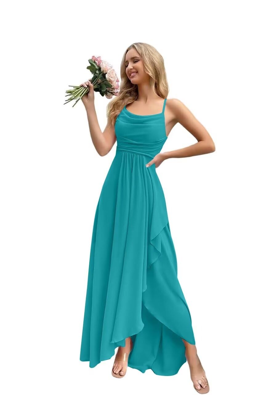 Spaghetti Strap Chiffon Bridesmaid Dresses for Women Long Ruched A-Line Cowl Neck Formal Evening Gowns with Slit