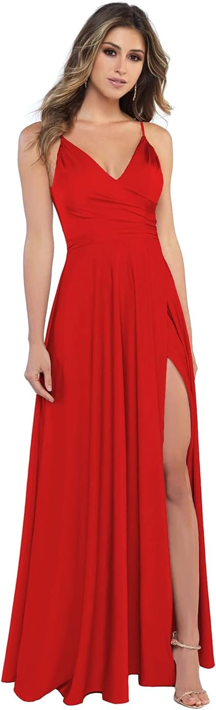 Damen-Brautjungfernkleider aus Satin mit V-Ausschnitt und Schlitz, Spaghettiträgern, formelle Ballkleider mit Taschen 