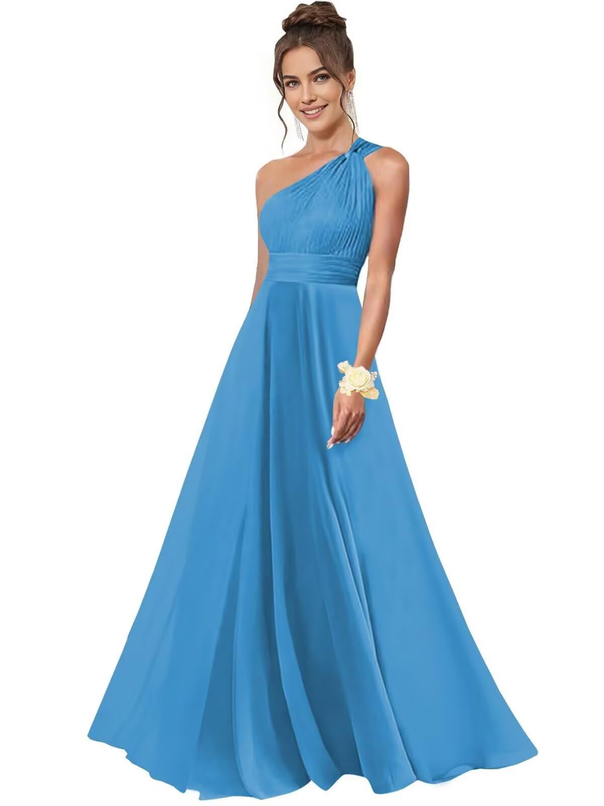 One Shoulder Bridesmaid Dresses for Women Chiffon A Line Pleated Long Formal Gowns with Pockets