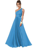 One Shoulder Bridesmaid Dresses for Women Chiffon A Line Pleated Long Formal Gowns with Pockets