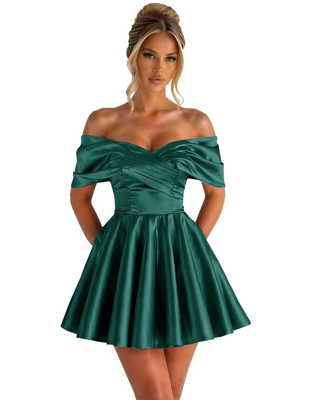 Off Shoulder Satin Homecoming Dresses for Teens 2026 Short Prom Dress A-line Pleated Cocktail Party Gowns