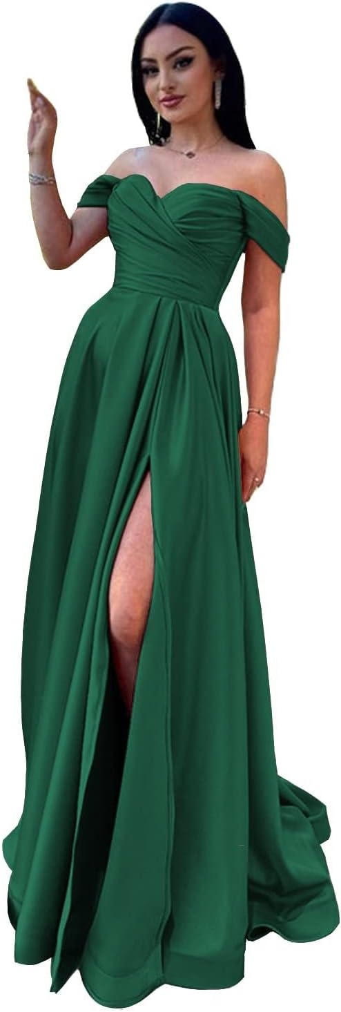 Schulterfreies Satin-Ballkleid, herzförmiger Ausschnitt, formelles Kleid, A-Linie, Abendkleid mit Schlitz 