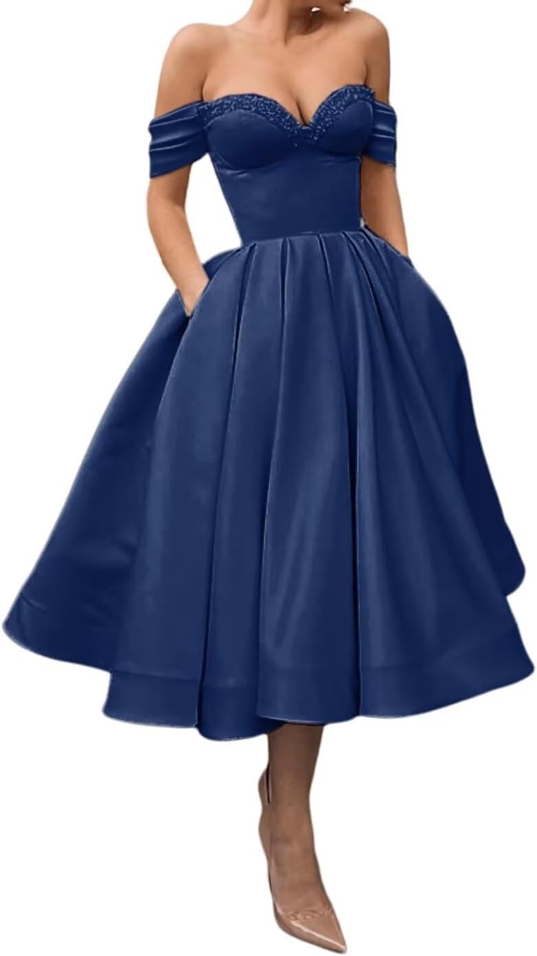 A Line Off Shoulder Prom Dresses for Women Satin Tea Length Cocktail Party Dresses with Pockets