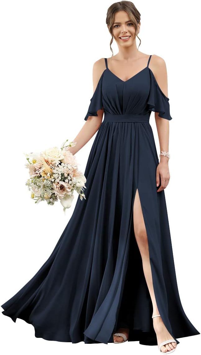 Women's Cold Shoulder Ruffle Sleeves Bridesmaid Dresses for Women 2025 Pleated Chiffon Formal Dresses with Slit