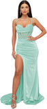 Ballkleider mit Wasserfallausschnitt, langen Spaghettiträgern, Illusion-Meerjungfrauen-Korsett, formelles Abendkleid mit Schlitz 