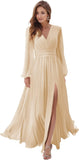Women's Long Sleeve Bridesmaid Dresses with Slit V Neck A Line Chiffon Formal Evening Gowns with Pockets Mother of the Bride Gowns