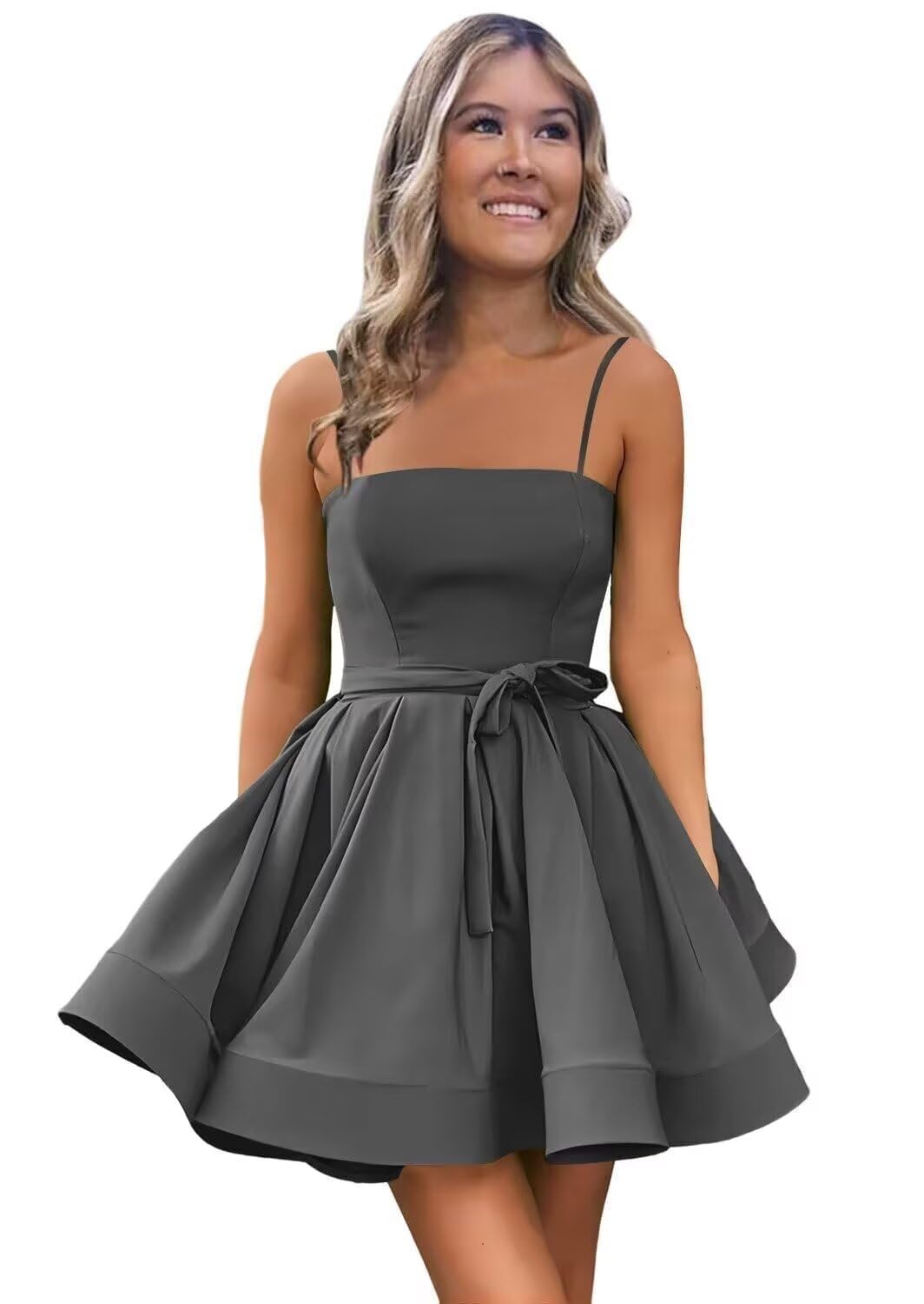 Women’s Short Satin Spaghetti Straps Formal Homecoming Dresses A Line Corset Puffy Prom Gown with Pockets for Teens
