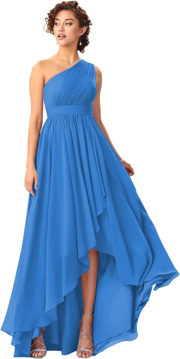 Women's One Shoulder Bridesmaid Dresses High Low Chiffon Formal Party Gowns with Pockets