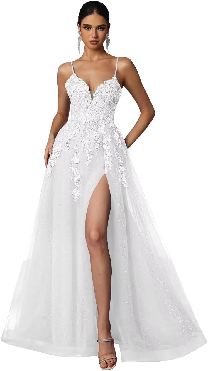 Tulle Prom Dresses 2027 Puffy Ball Gown for Women Formal V Neck Lace Appliques Evening Gown with Slit Long Homecoming Dress