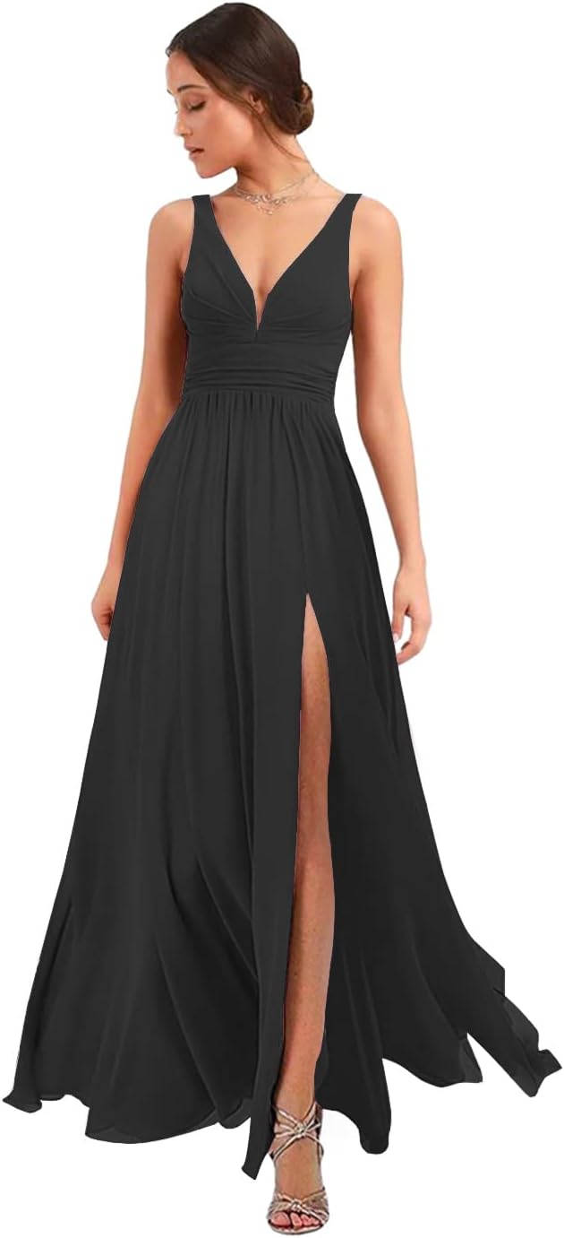 Women's Deep V Neck Bridesmaid Dresses with Slit Chiffon Pleats A Line Formal Party Dresses with Pockets