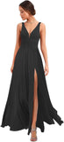 Women's Deep V Neck Bridesmaid Dresses with Slit Chiffon Pleats A Line Formal Party Dresses with Pockets