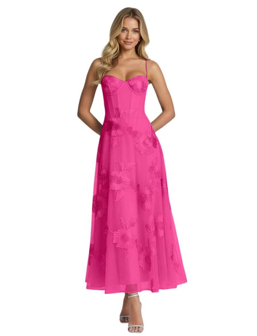 Floral Jacquard Tulle Prom Dresses Spaghetti Straps Formal Evening Party Dress Tea Length Gown