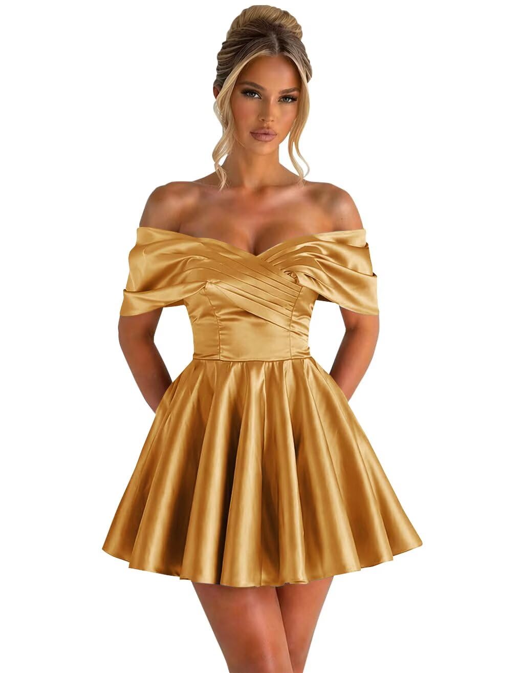 Off Shoulder Satin Homecoming Dresses for Teens 2026 Short Prom Dress A-line Pleated Cocktail Party Gowns