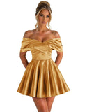 Off Shoulder Satin Homecoming Dresses for Teens 2026 Short Prom Dress A-line Pleated Cocktail Party Gowns