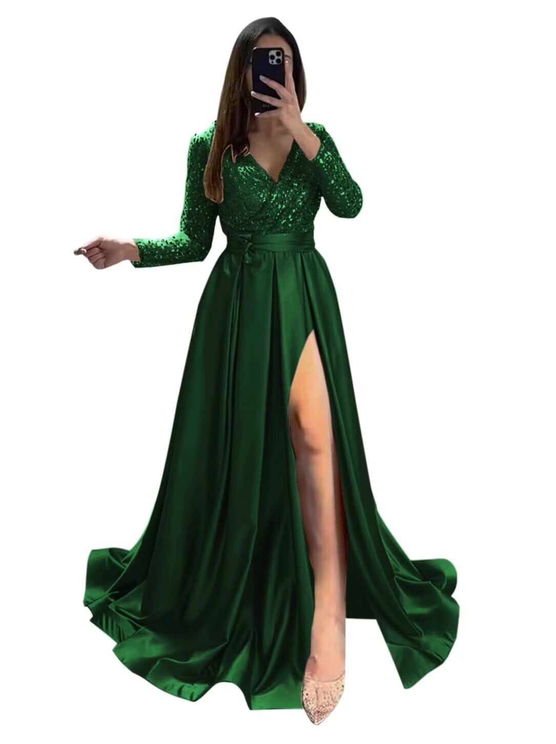 Long Sleeve Sequin Prom Dresses for Women 2027 Satin Formal Dress Sparkly Slit Evening Party Gown with Pocket