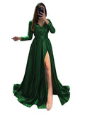 Long Sleeve Sequin Prom Dresses for Women 2027 Satin Formal Dress Sparkly Slit Evening Party Gown with Pocket