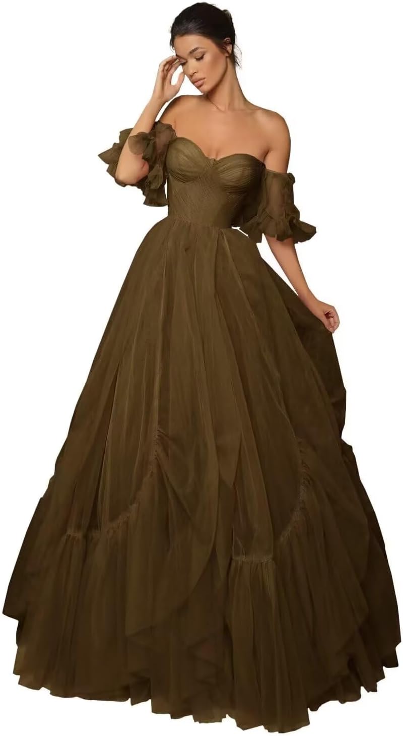 A-line Ruffled Short Sleeve Tulle Prom Dress for Women, Sweetheart Formal Gown Off The Shoulder Long Party Dress