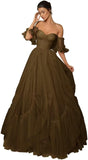 A-line Ruffled Short Sleeve Tulle Prom Dress for Women, Sweetheart Formal Gown Off The Shoulder Long Party Dress