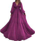 Langes Ballkleid mit Puffärmeln, Tüll, Ballkleid für Damen, Brautkleider, V-Ausschnitt, formelle Abendkleider