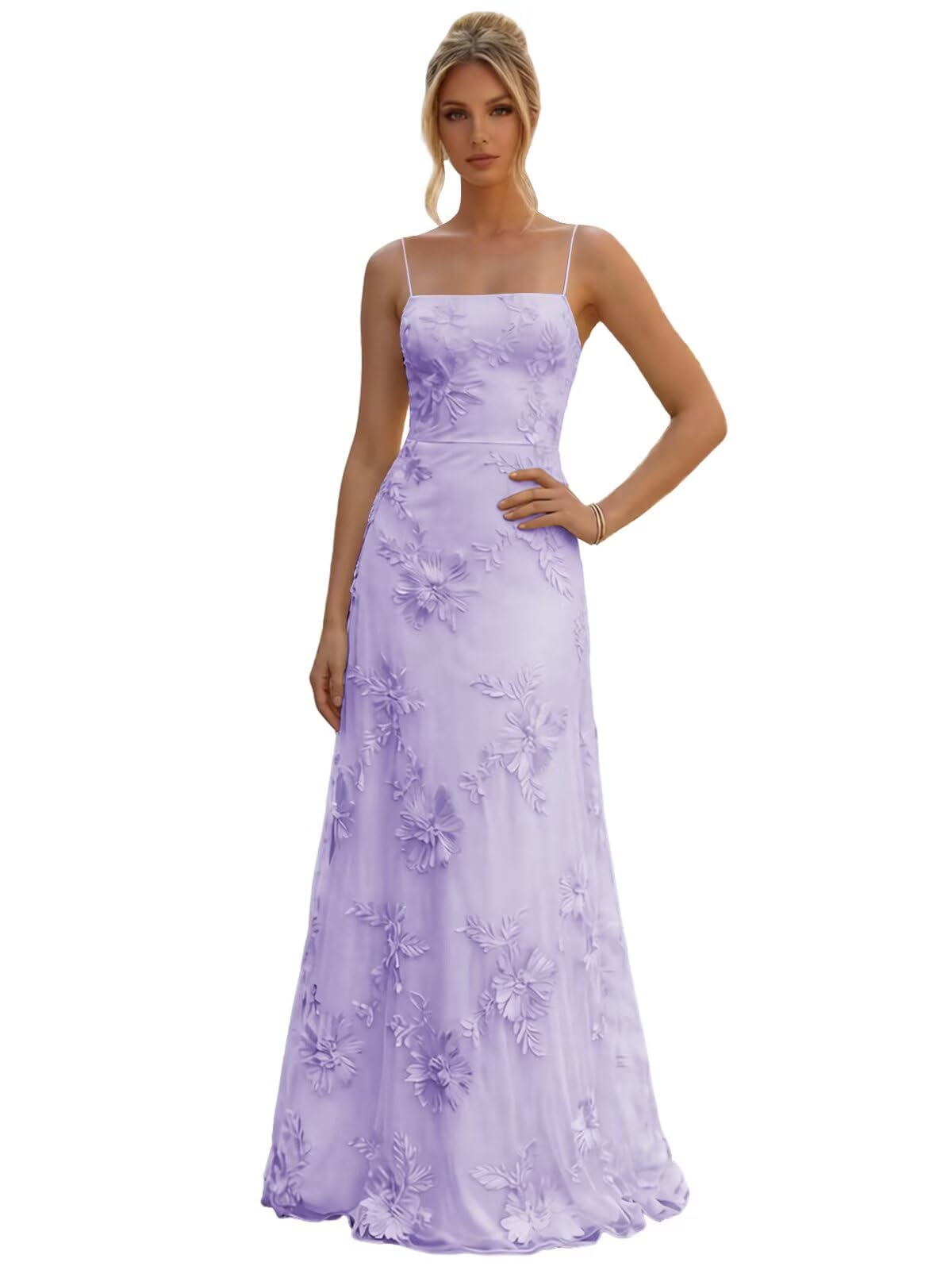 Floral Embroidery Prom Dresses for Women Spaghetti Straps A Line Formal Maxi Dress