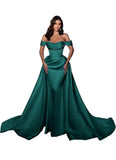 Mermaid Satin Prom Dresses for Women 2027 Long Off Shoulder Ruched Corset Formal Evening Dress Detachable Train