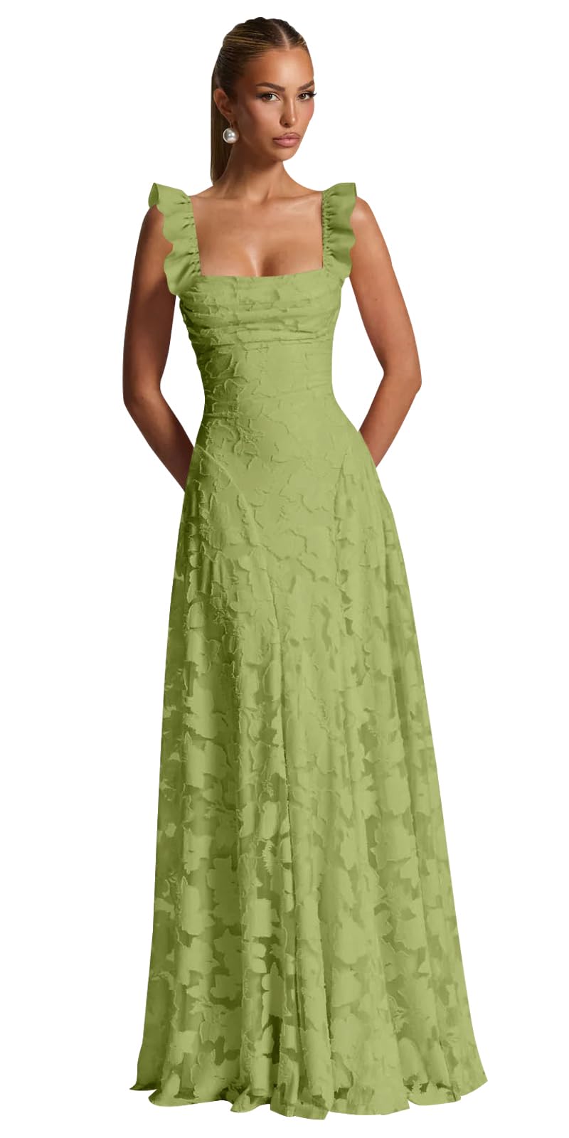Ruched Jacquard Prom Dresses for Women Teens Ruffle Strap Floral Maxi Formal Dress Evening Gown