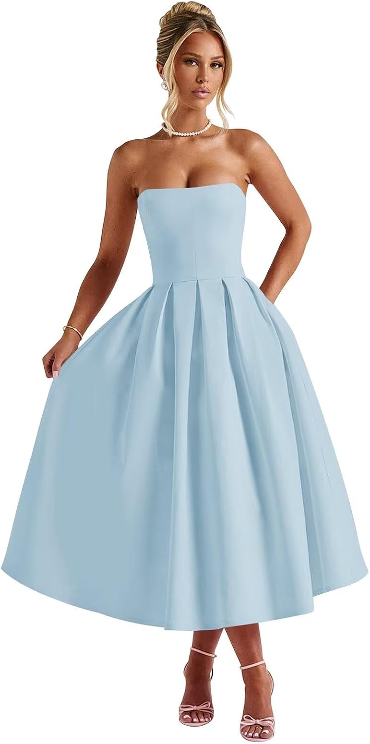 Strapless Satin Tea Length Prom Dresses for Women 2027 A-Line Corset Backless Cocktail Bridesmaid Dress with Pocket