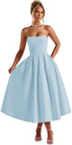 Strapless Satin Tea Length Prom Dresses for Women 2027 A-Line Corset Backless Cocktail Bridesmaid Dress with Pocket