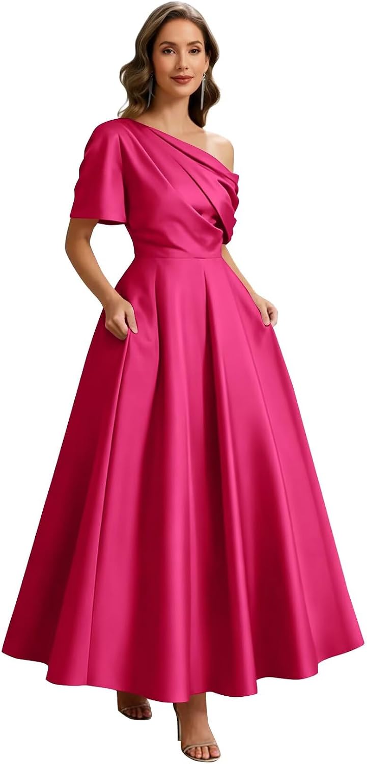 Kingbridal Satin Mother of The Bride Dresses for Women Tea Length Formal Dress One Shoulder Evening Party Gowns with Pockets
