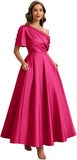 Kingbridal Satin Mother of The Bride Dresses for Women Tea Length Formal Dress One Shoulder Evening Party Gowns with Pockets