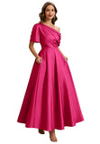 Kingbridal Satin Mother of The Bride Dresses for Women Tea Length Formal Dress One Shoulder Evening Party Gowns with Pockets