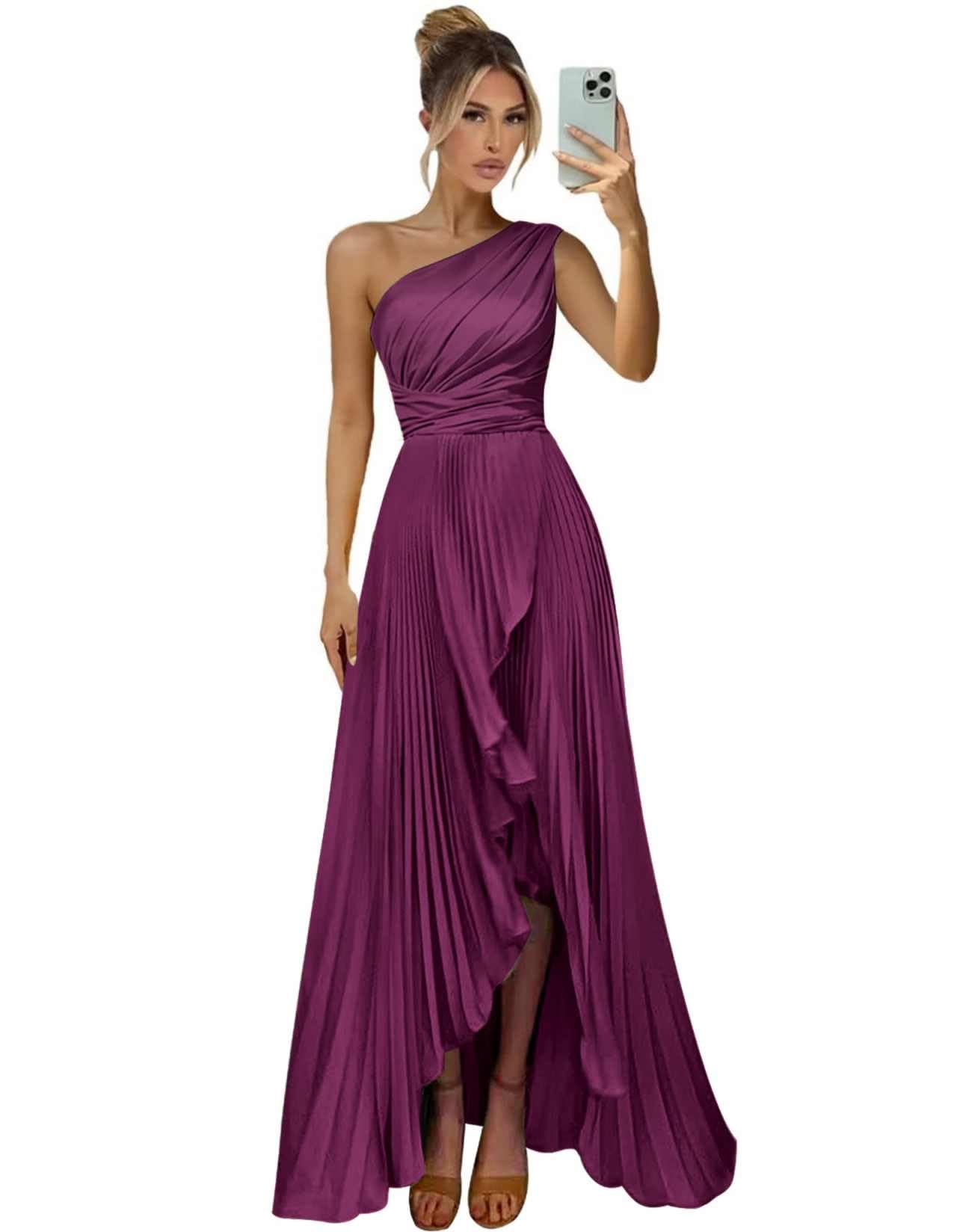 One Shoulder Bridesmaid Dresses for Women Satin Pleated Long A Line Formal Prom Evening Party Dress with Slit
