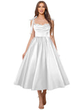 Satin Prom Dresses for Women Spaghetti Straps Corset A-Line Ball Formal Gowns Tea Length with Pockets