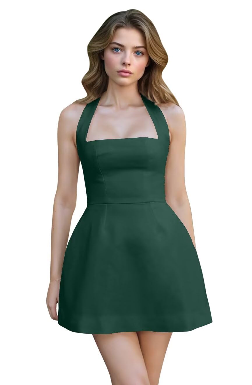 Satin Halter Homecoming Dresses for Teens Short Prom Dress 2027 Mini Formal Evening Cocktail Gowns with Pockets