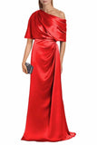 Satin Mother of The Bride Dresses for Wedding One Shoulder Formal Dress with Sleeves Mermaid Evening Party Gowns
