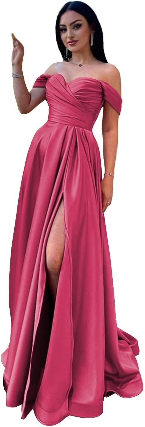 Schulterfreies Satin-Ballkleid, herzförmiger Ausschnitt, formelles Kleid, A-Linie, Abendkleid mit Schlitz 