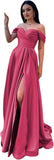 Schulterfreies Satin-Ballkleid, herzförmiger Ausschnitt, formelles Kleid, A-Linie, Abendkleid mit Schlitz 