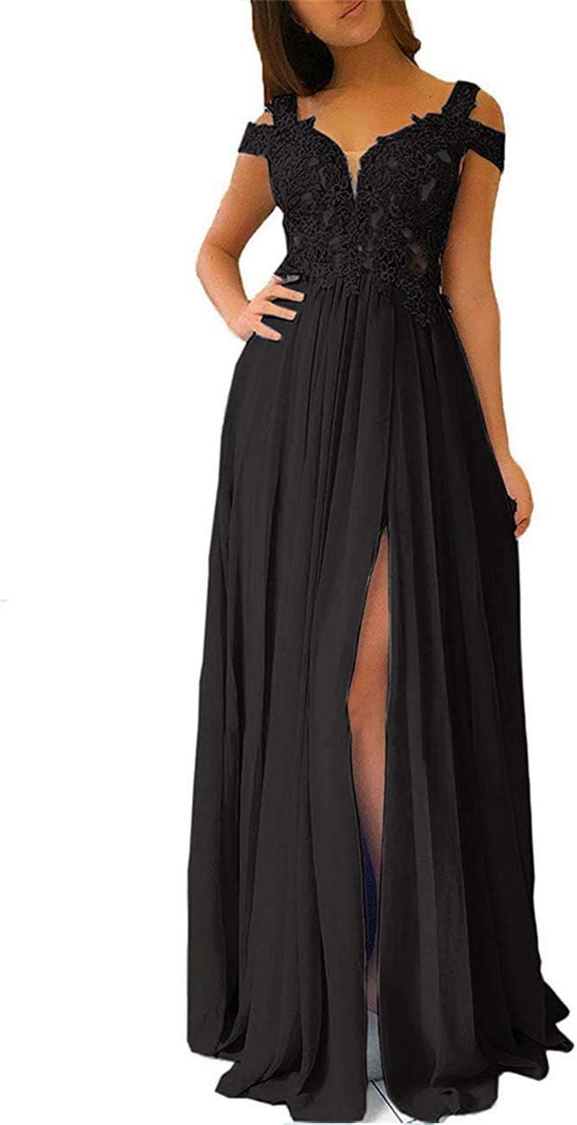 Women's Lace Appliques Prom Dresses Long with Slit Cold Shoulder Formal Party Gown