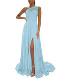 One Shoulder Chiffon Bridesmaid Dresses for Wedding 2026 Lace A-Line Slit Formal Evening Party Gown with Pockets