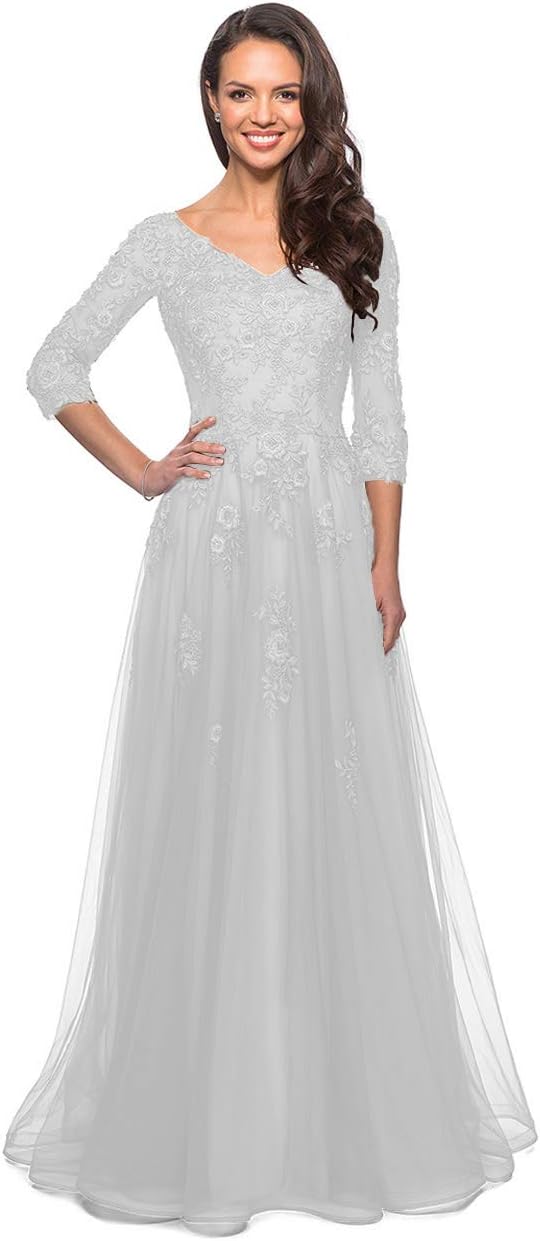 Women's Floral Lace Appliques 3/4 Sleeve Mother of The Bride Dresses Long V Neck Formal Dresses with Pockets